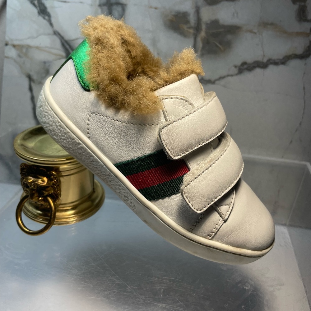 GUCCI Youth sz 14 INCHES 7 ace fur lined White leather snearker made in italy - Picture 5 of 16